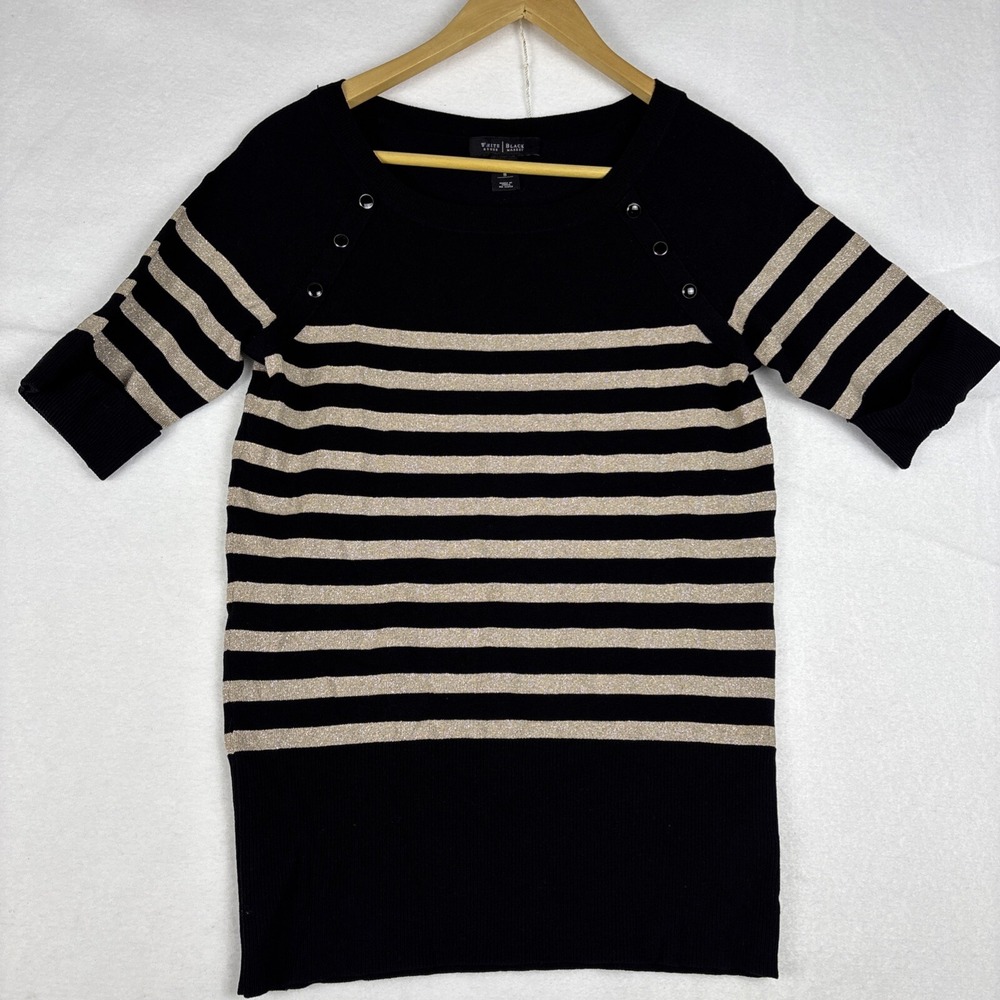 White House Black Market Black Gold Short Sleeve Lt Sweater Sz S Stripe Sparkle